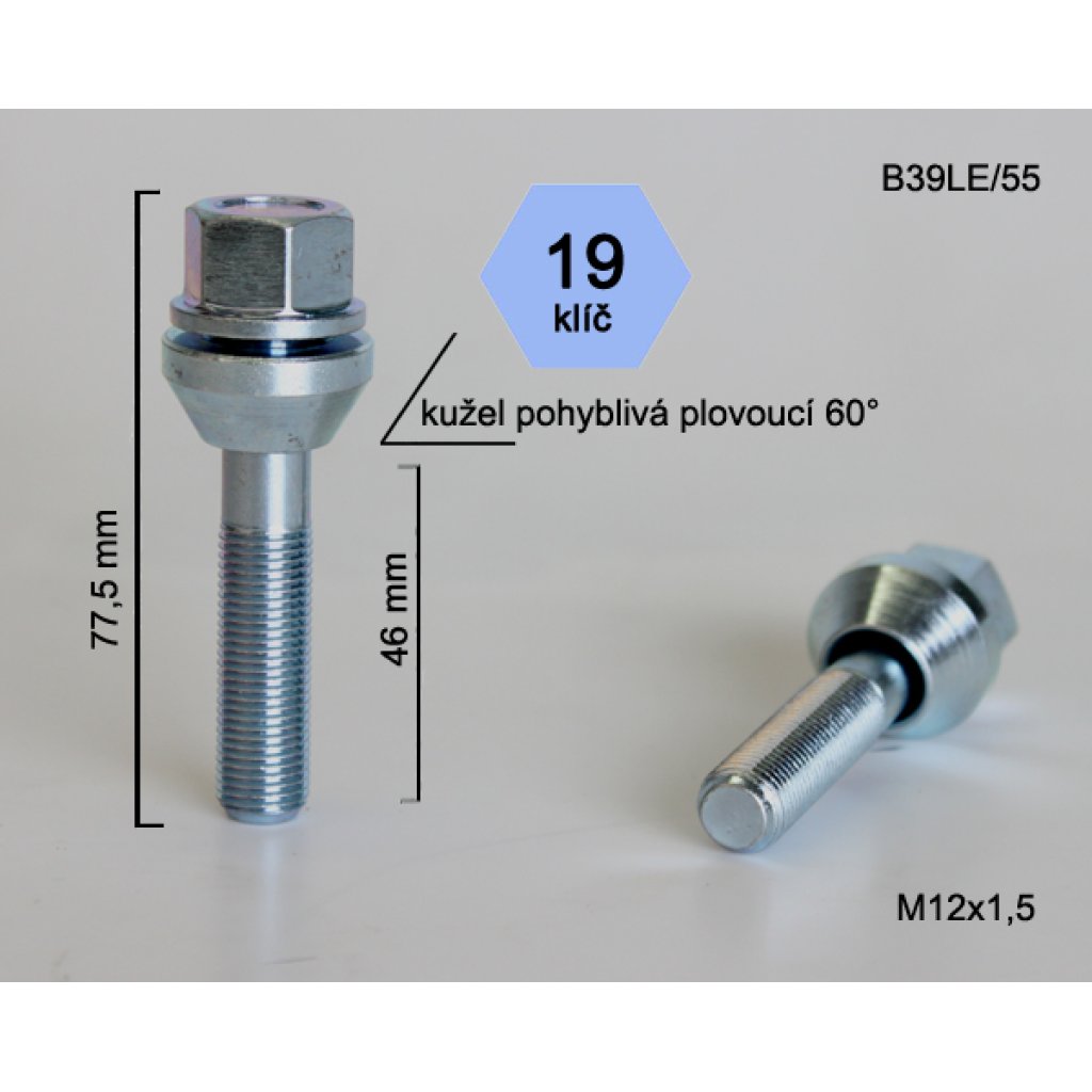 Kolový šroub M12x1,25x46 kužel plovoucí pro změnu roteče, klíč 19 (B39LE/55) výška 77,5mm