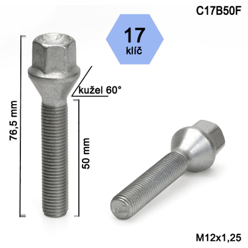 Kolový šroub M12x1,25x50 kužel, klíč 17 (C17B50F) výška 76,5mm
