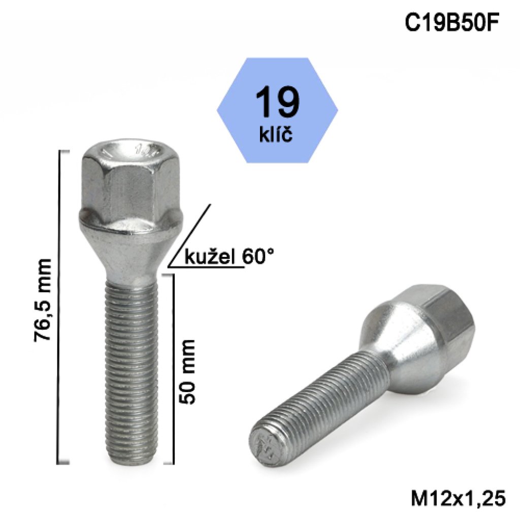 Kolový šroub M12x1,25x50 kužel, klíč 19 (C19B50F) výška 76,5mm