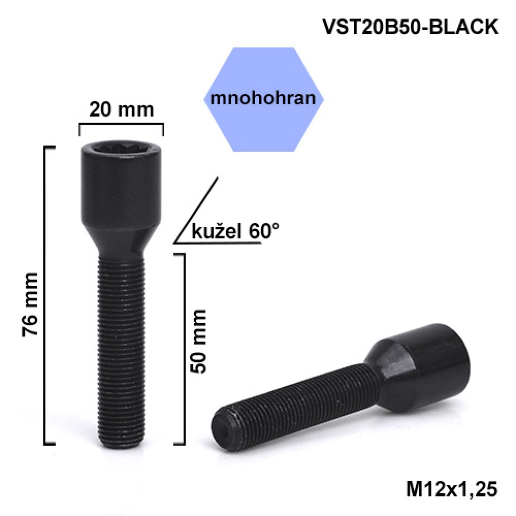 Kolový šroub M12x1,25x50 kužel s vnitřním mnohohranem (VST20B50-BLACK) hlava 20mm výška 76
