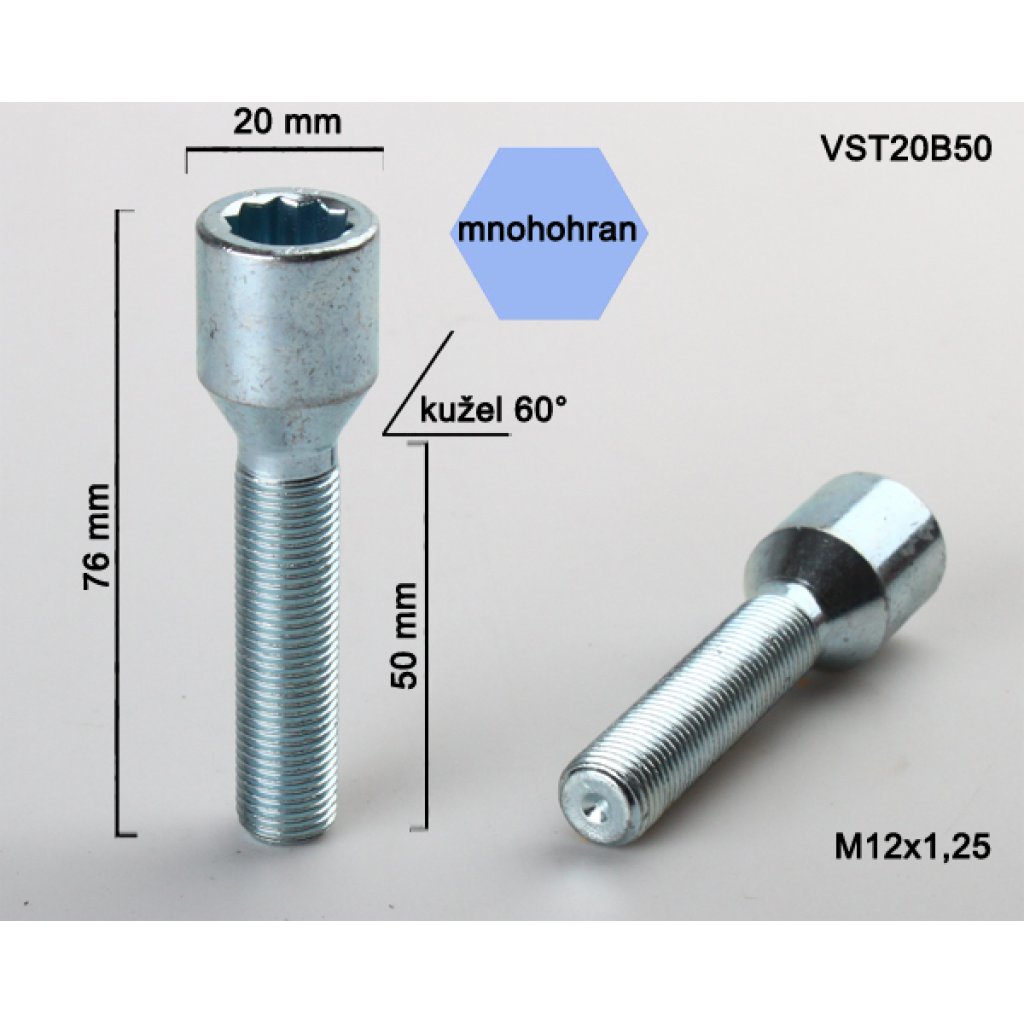 Kolový šroub M12x1,25x50 kužel s vnitřním mnohohranem (VST20B50) prům.hlavy 20mm, výška 76