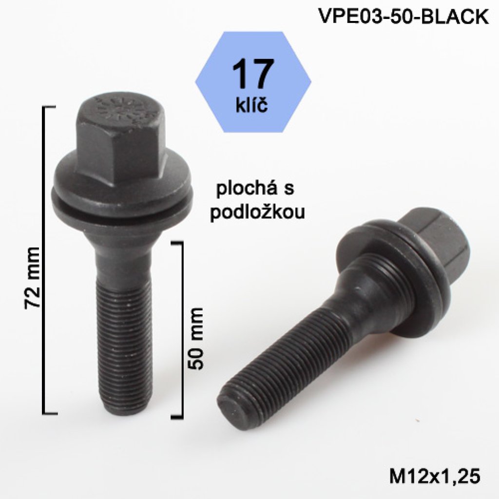 Kolový šroub M12x1,25x50 s plochou podložkou, klíč 17 (VPE03-50-BLACK) výška 72mm