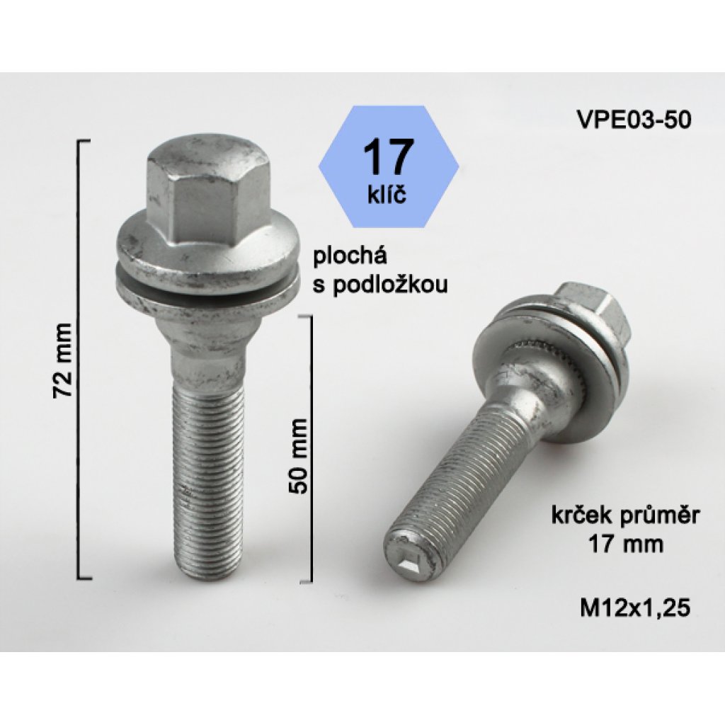 Kolový šroub M12x1,25x50 s plochou podložkou, klíč 17 (VPE03-50) výška 72mm