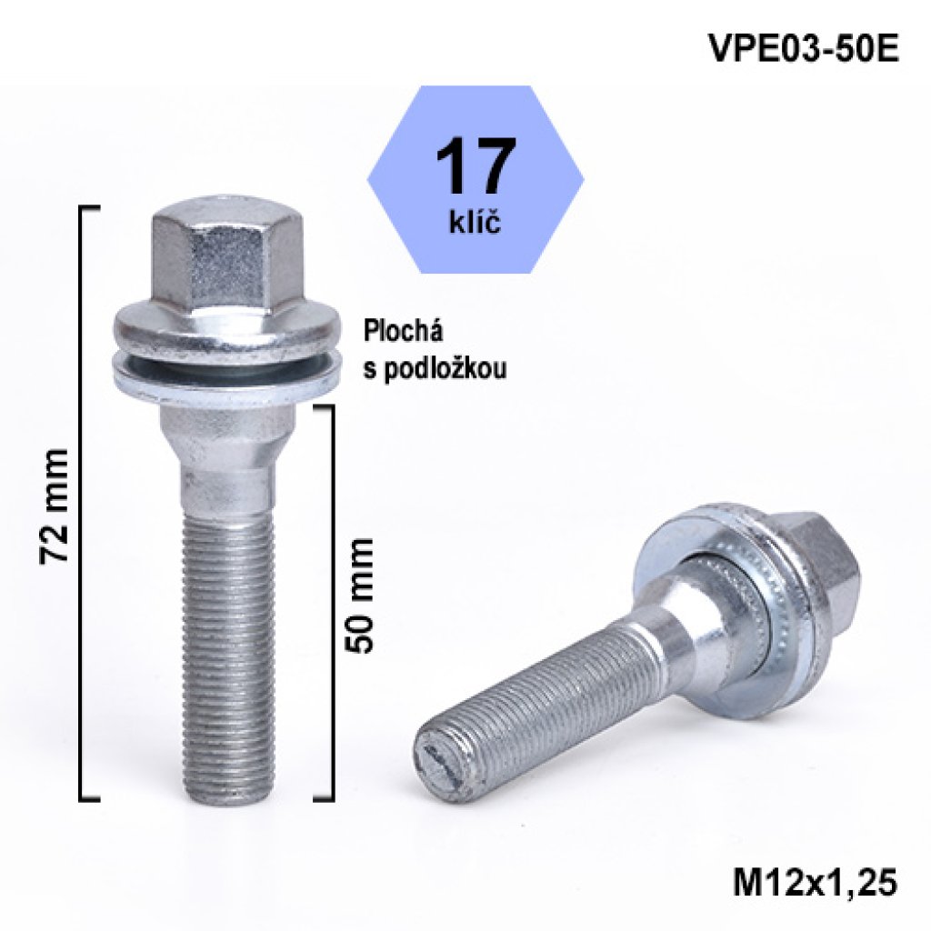 Kolový šroub M12x1,25x50 s plochou podložkou, klíč 17 (VPE03-50E) výška 72mm