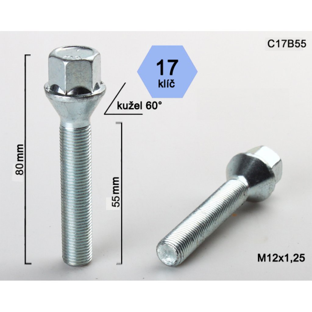 Kolový šroub M12x1,25x55 kužel, klíč 17 (C17B55) výška 80mm