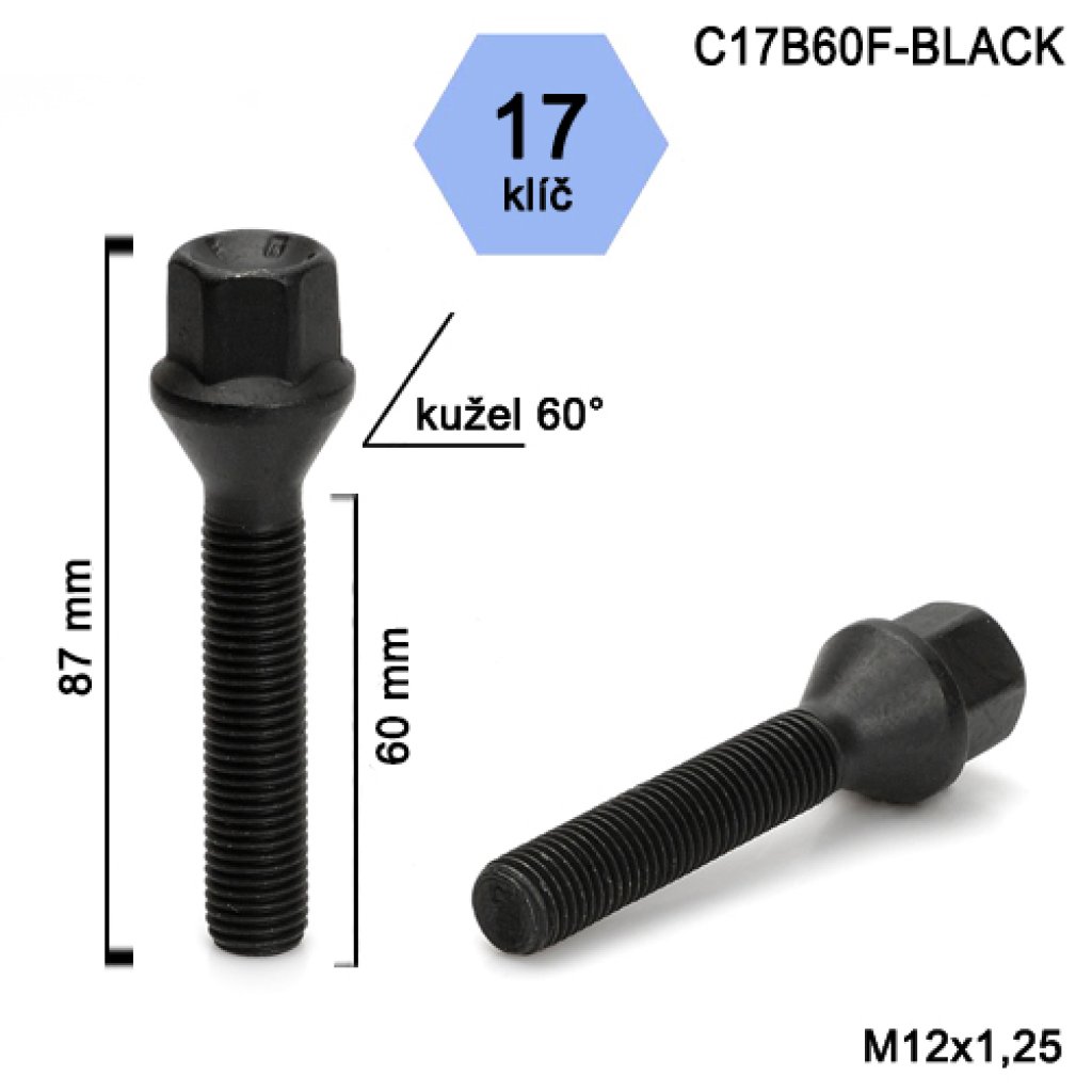 Kolový šroub M12x1,25x60 kužel, klíč 17 (C17B60F-BLACK) černý, výška 87mm