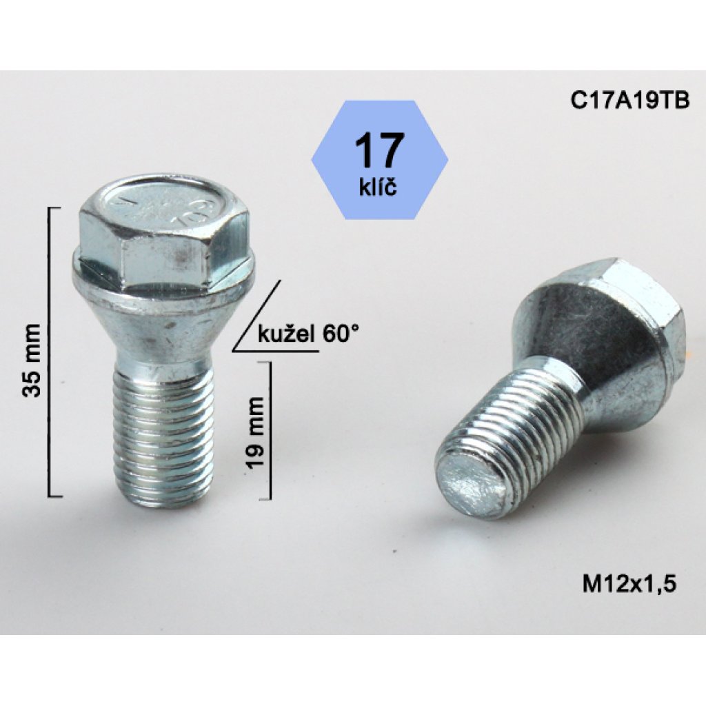 Kolový šroub M12x1,5x19 kužel s krátkou hlavou, klíč 17 (C17A19TB) výška 35mm