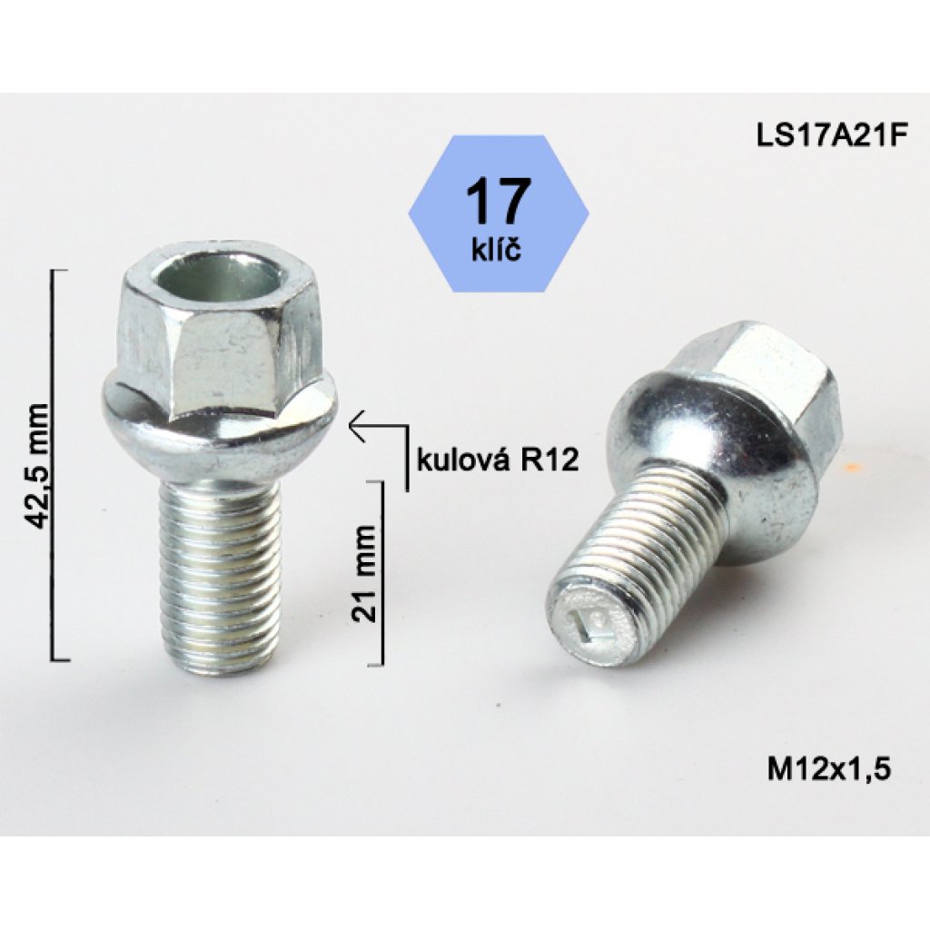 Kolový šroub M12x1,5x21 kulová R12, klíč 17 (LS17A21FR12); výška 42,5mm