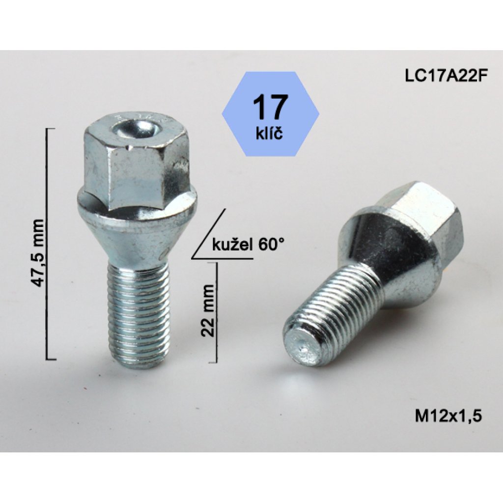 Kolový šroub M12x1,5x22, kužel, klíč 17 (LC17A22F) výška 47,5mm