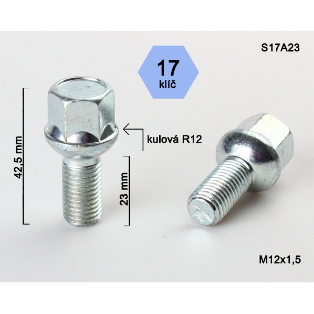 Kolový šroub M12x1,5x23 kulová R12, klíč 17 (S17A23R12); výška 42,5mm