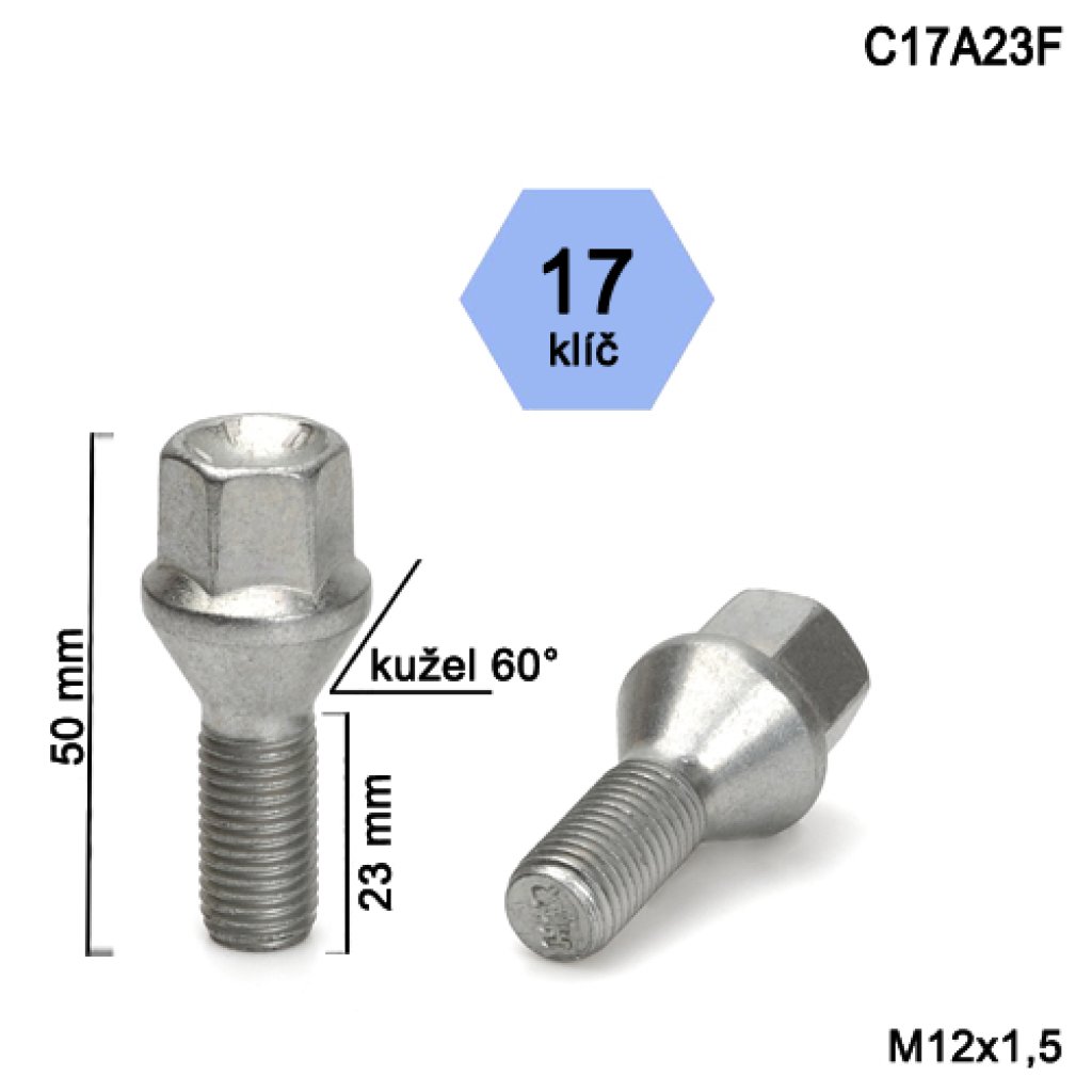 Kolový šroub M12x1,5x23 kužel, klíč 17 (C17A23F)(I3B12/S) výška 50mm