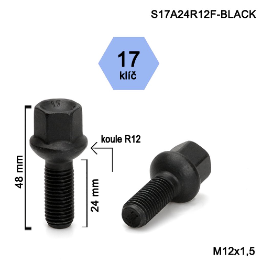 Kolový šroub M12x1,5x24 kulová R12, klíč 17 (S17A24R12F-BLACK) černý, výška 48mm