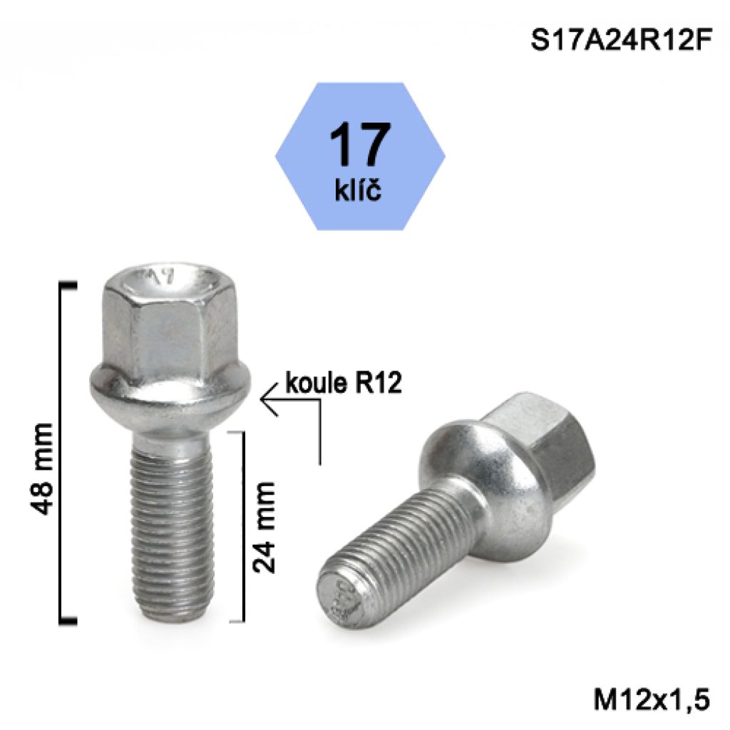 Kolový šroub M12x1,5x24 kulová R12, klíč 17 (S17A24R12F); výška 48mm