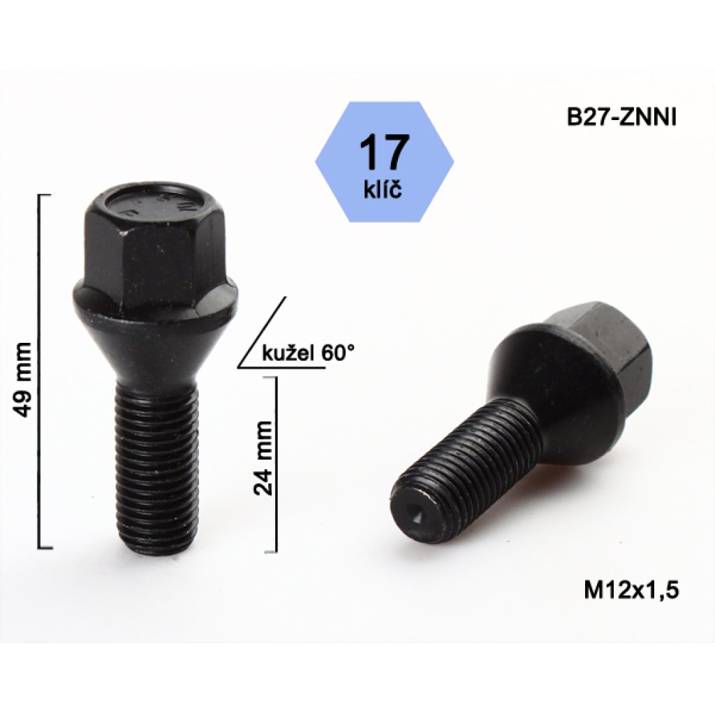Kolový šroub M12x1,5x24 kužel, klíč 17 (C17A24/B27-BLACK) černý, výška 49mm