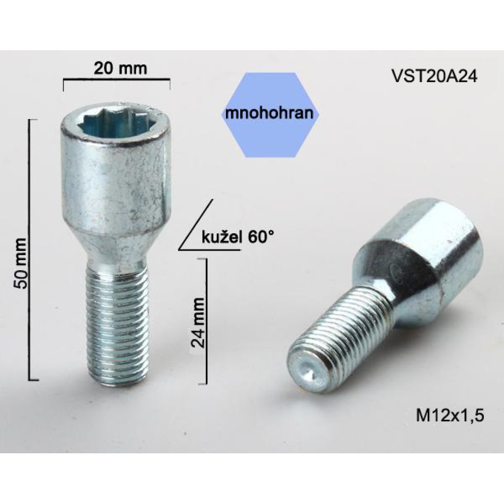Kolový šroub M12x1,5x24 kužel s vnitřním mnohohranem (VST20A24) prům.hlavy 20mm, výška 50