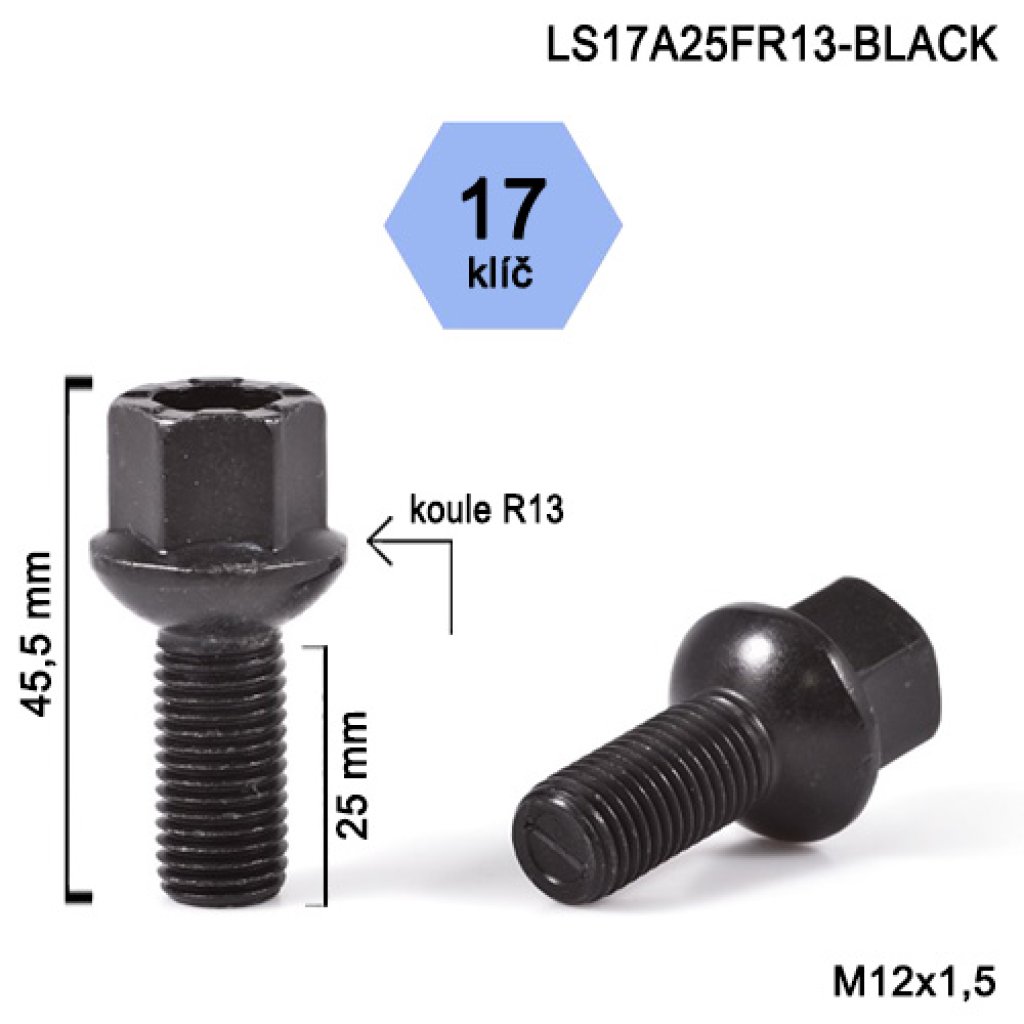 Kolový šroub M12x1,5x25 kulová R13, klíč 17 (LS17A25FR13-BLACK) černá, výška 45,5mm