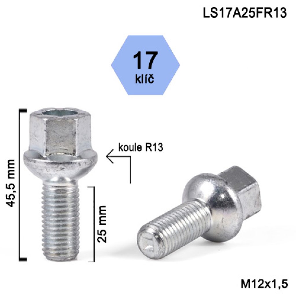 Kolový šroub M12x1,5x25 kulová R13, klíč 17 (LS17A25FR13) stříbrný, výška 45,5mm