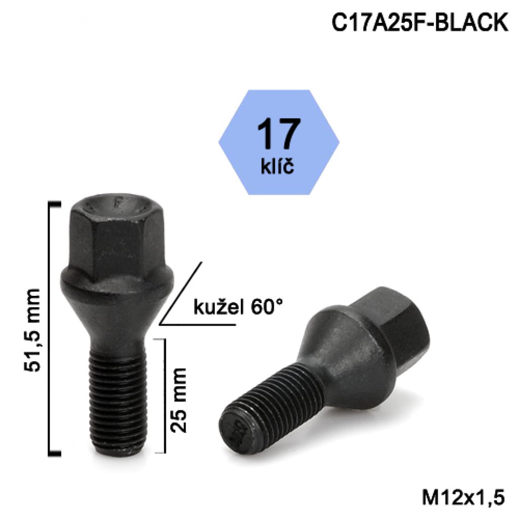 Kolový šroub M12x1,5x25 kužel, klíč 17 (C17A25F-BLACK)(IB13/S BLK) černý, výška 51,5mm