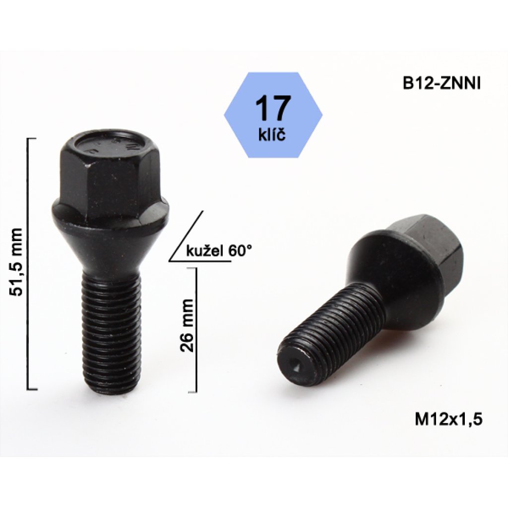 Kolový šroub M12x1,5x26 kužel, klíč 17 (C17A26/B12-BLACK) černý, výška 51,5mm