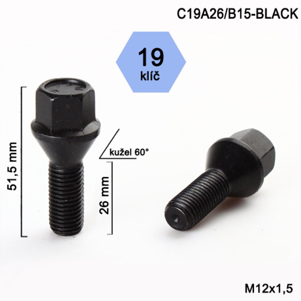 Kolový šroub M12x1,5x26 kužel, klíč 19 (C19A26/B15-BLACK) černý, výška 51,5mm