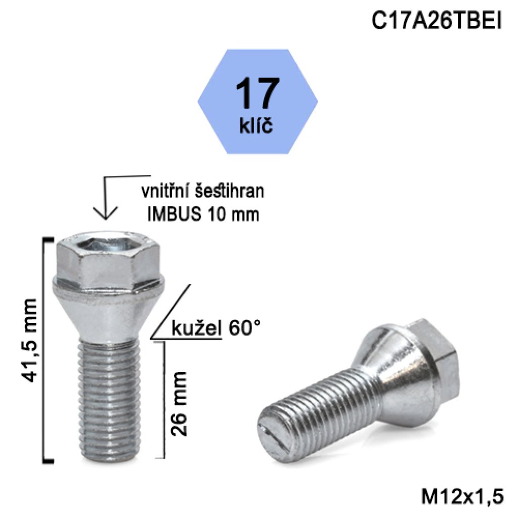 Kolový šroub M12x1,5x26 kužel s krátkou hlavou, klíč 17 (C17A26TBEI) výška 41,5mm