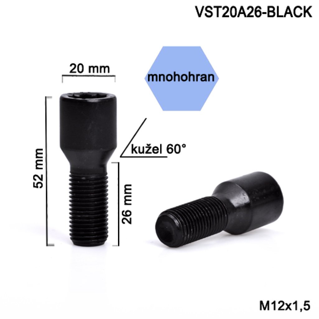 Kolový šroub M12x1,5x26 kužel s vnitřním mnohohranem (VST20A26-BLACK) hlava 20mm, výška 52