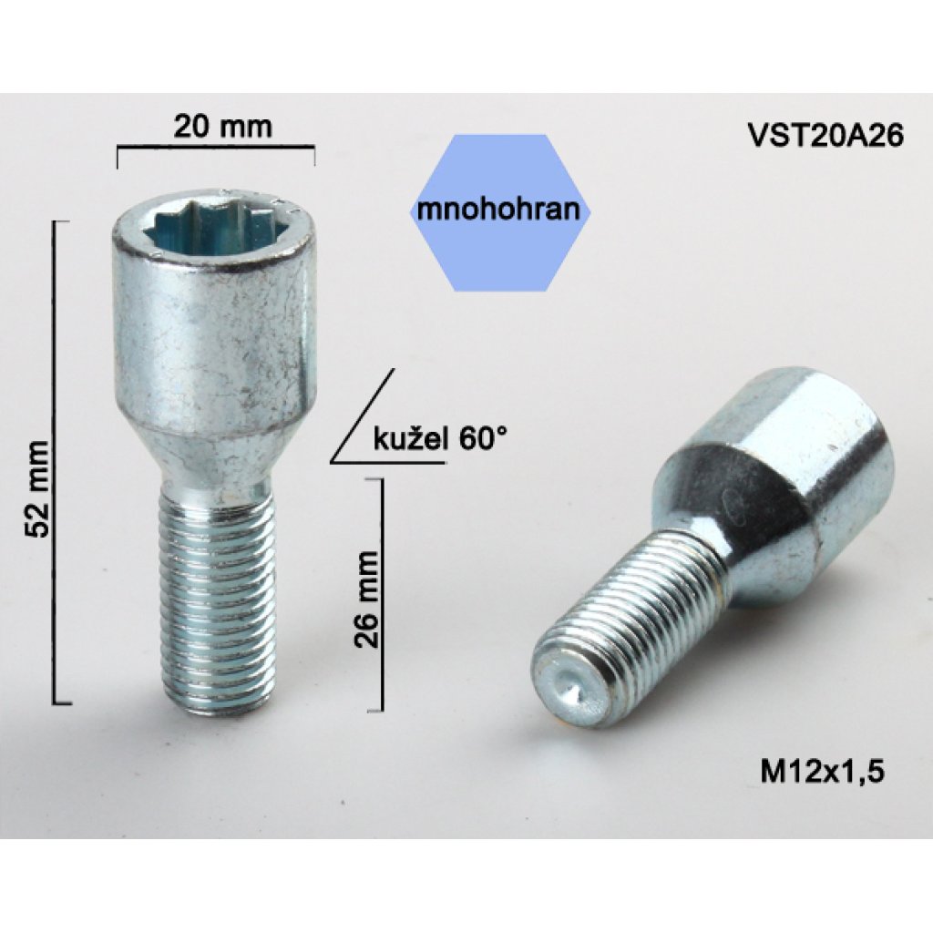 Kolový šroub M12x1,5x26 kužel s vnitřním mnohohranem (VST20A26) prům.hlavy 20mm, výška 52