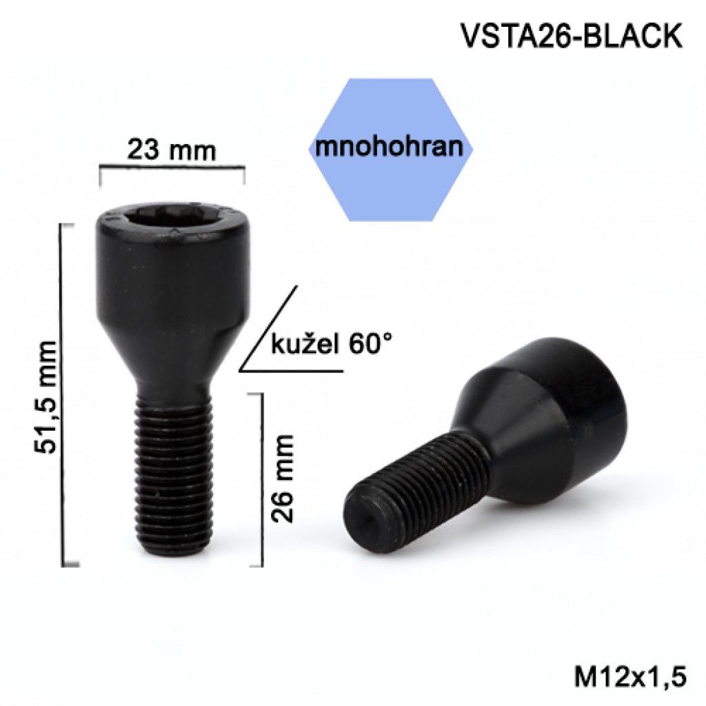 Kolový šroub M12x1,5x26 kužel s vnitřním mnohohranem (VSTA26-BLACK) pr.hlav. 23mm, v. 51,5