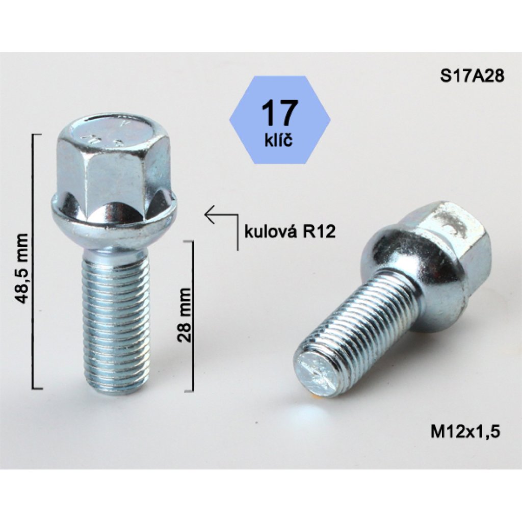 Kolový šroub M12x1,5x28 kulová R12, klíč 17 (S17A28R12) výška 48,5mm
