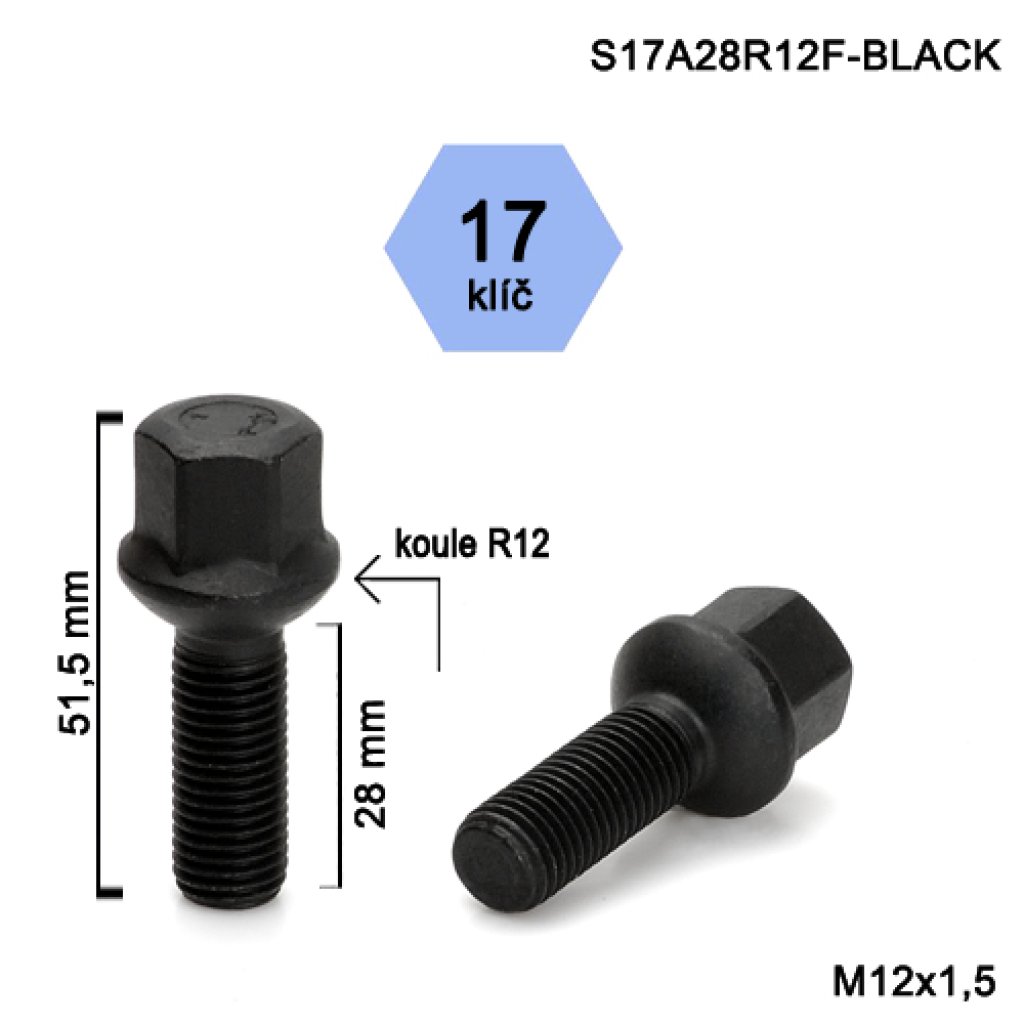 Kolový šroub M12x1,5x28 kulová R12, klíč 17 (S17A28R12F-BLACK) černý, výška 51,5mm