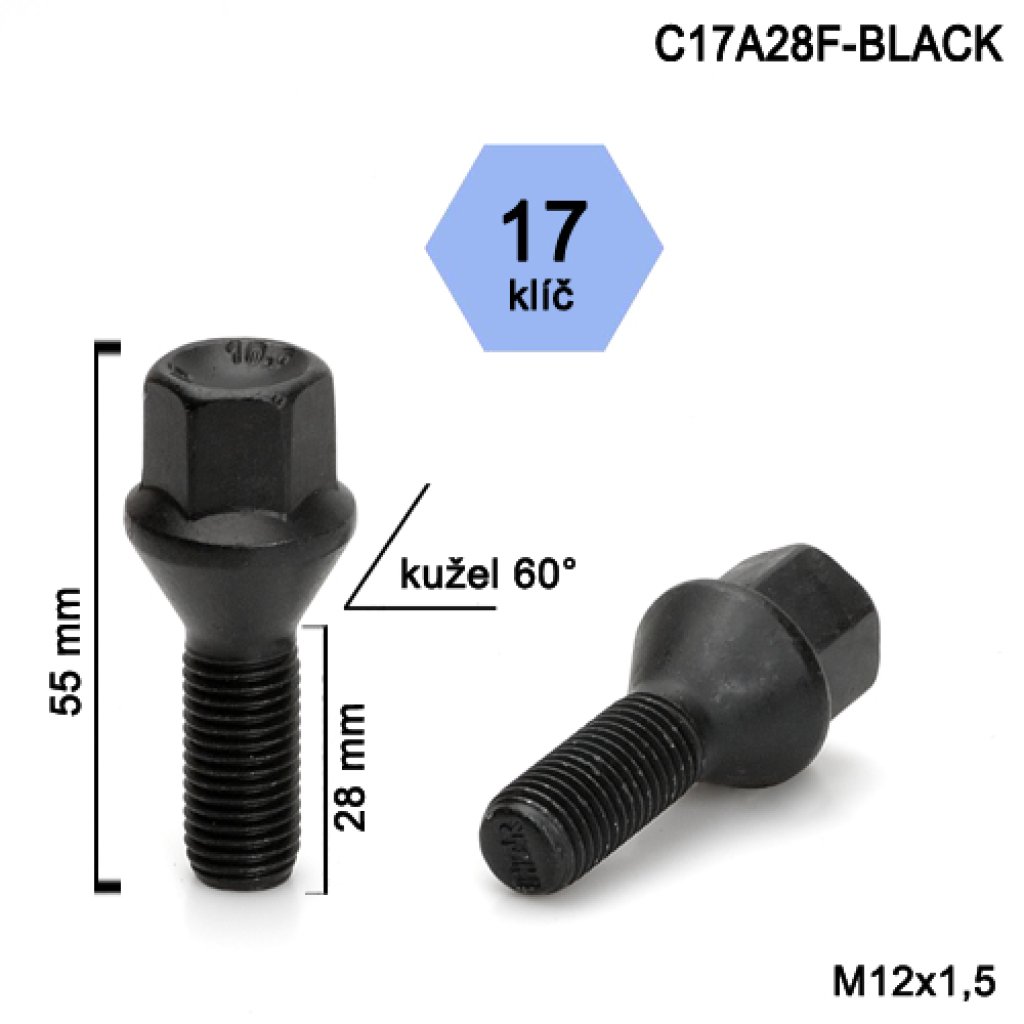 Kolový šroub M12x1,5x28 kužel, klíč 17 (C17A28F-BLACK)(I4/S BLK) černý, výška 55mm
