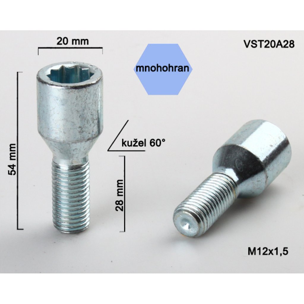 Kolový šroub M12x1,5x28 kužel s vnitřním mnohohranem, (VST20A28) prům.hlavy 20mm, výška 54