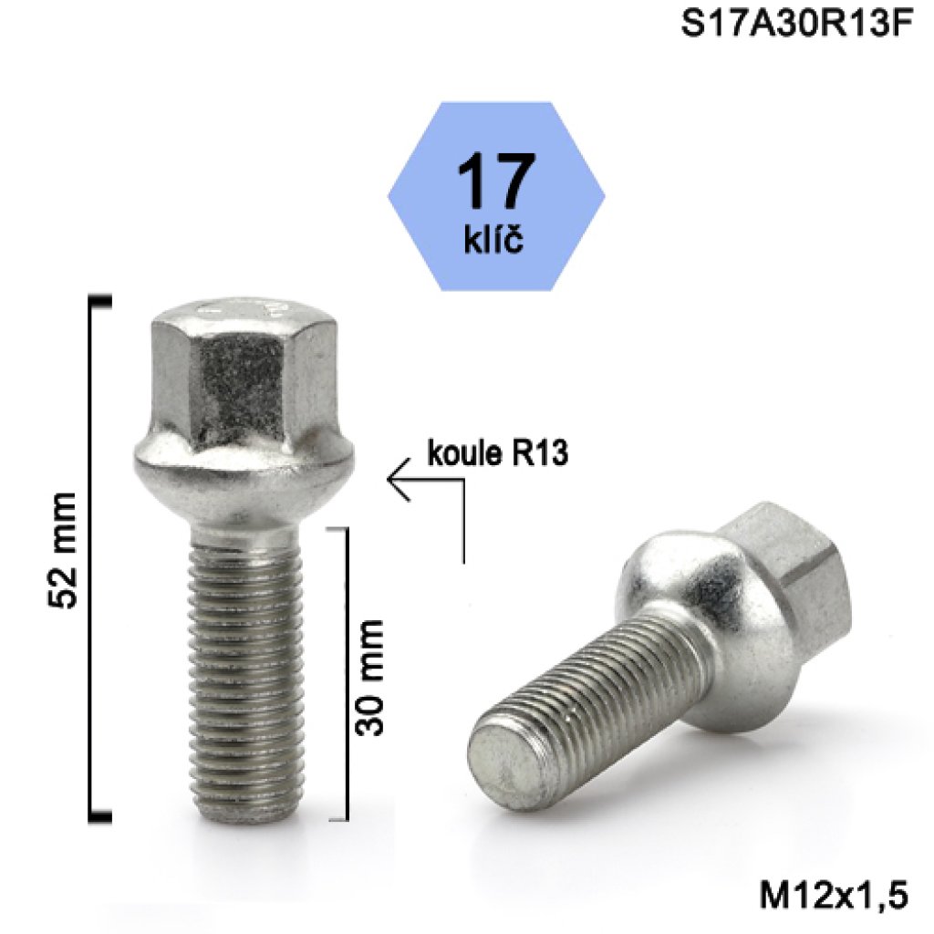 Kolový šroub M12x1,5x30 kulová R13, klíč 17 (S17A30R13F) výška 52mm