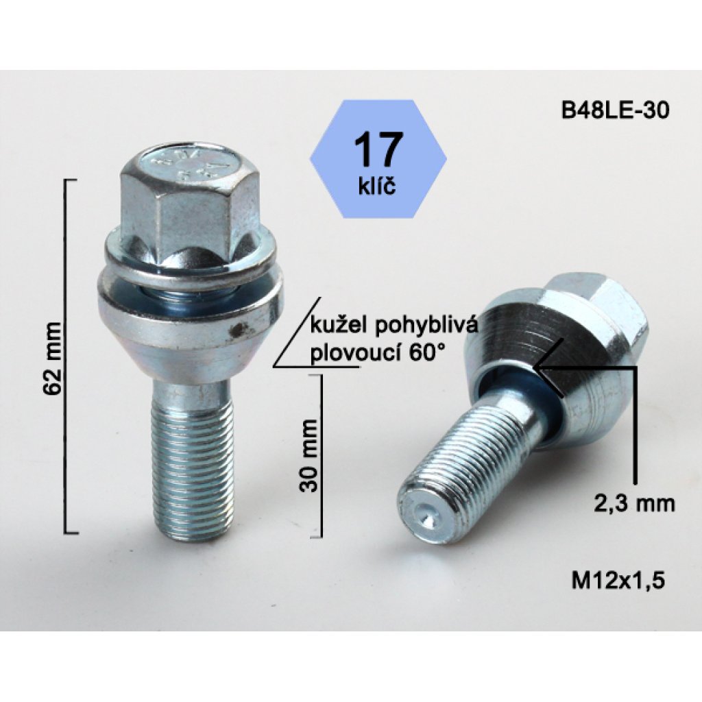 Kolový šroub M12x1,5x30 kužel plovoucí pro změnu rozteče, klíč 17 (B48LE-30) výška 62mm