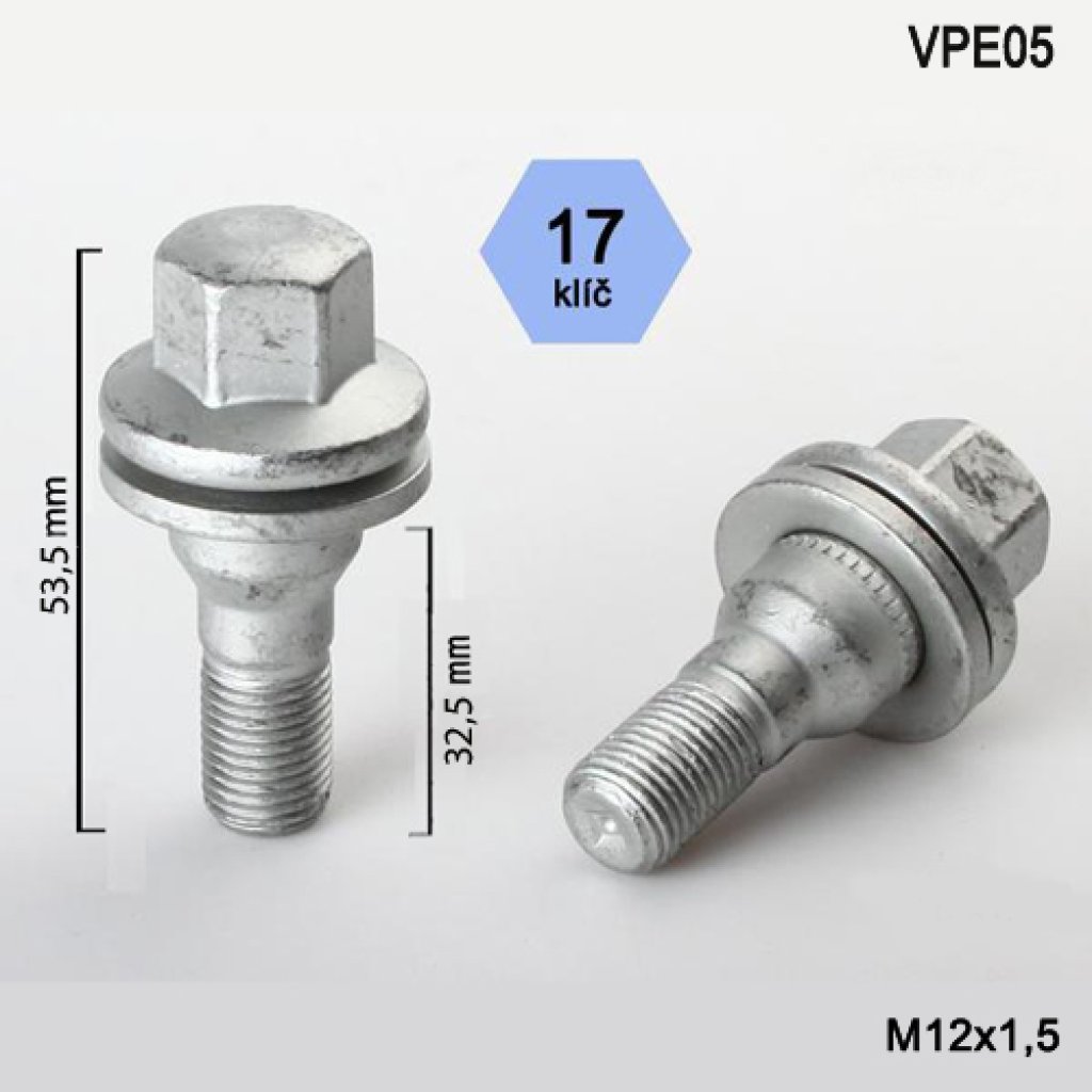 Kolový šroub M12x1,5x32,5 s plochou podložkou, klíč 17 (VPE05) výška 53,5mm