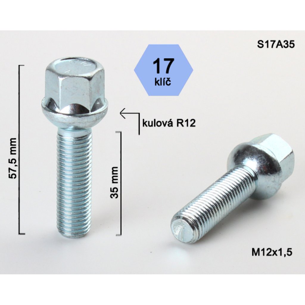 Kolový šroub M12x1,5x35 kulová R12, klíč 17 (S17A35R12) výška 57,5mm