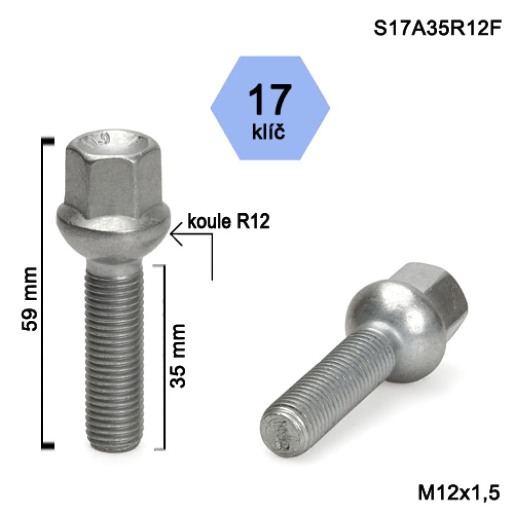 Kolový šroub M12x1,5x35 kulová R12, klíč 17 (S17A35R12F); výška 59mm