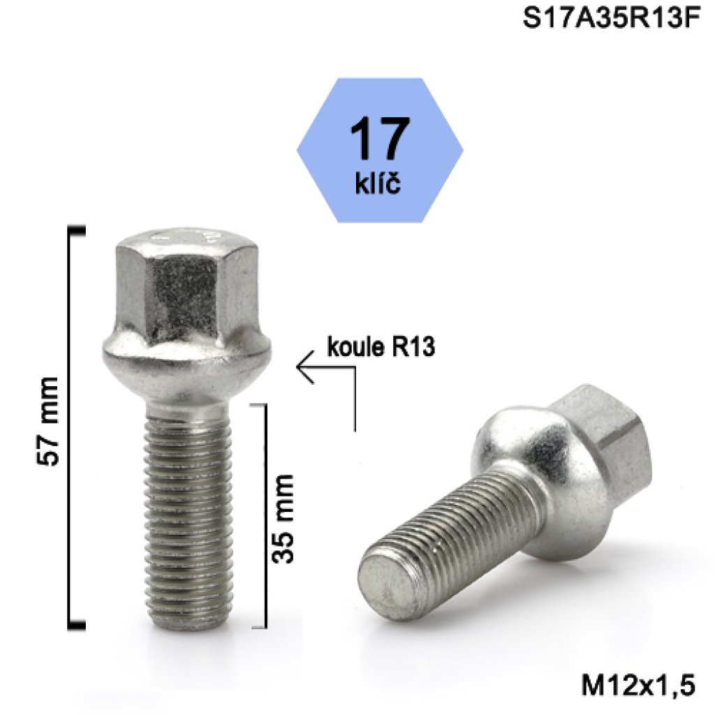 Kolový šroub M12x1,5x35 kulová R13, klíč 17 (S17A35R13F) výška 57mm