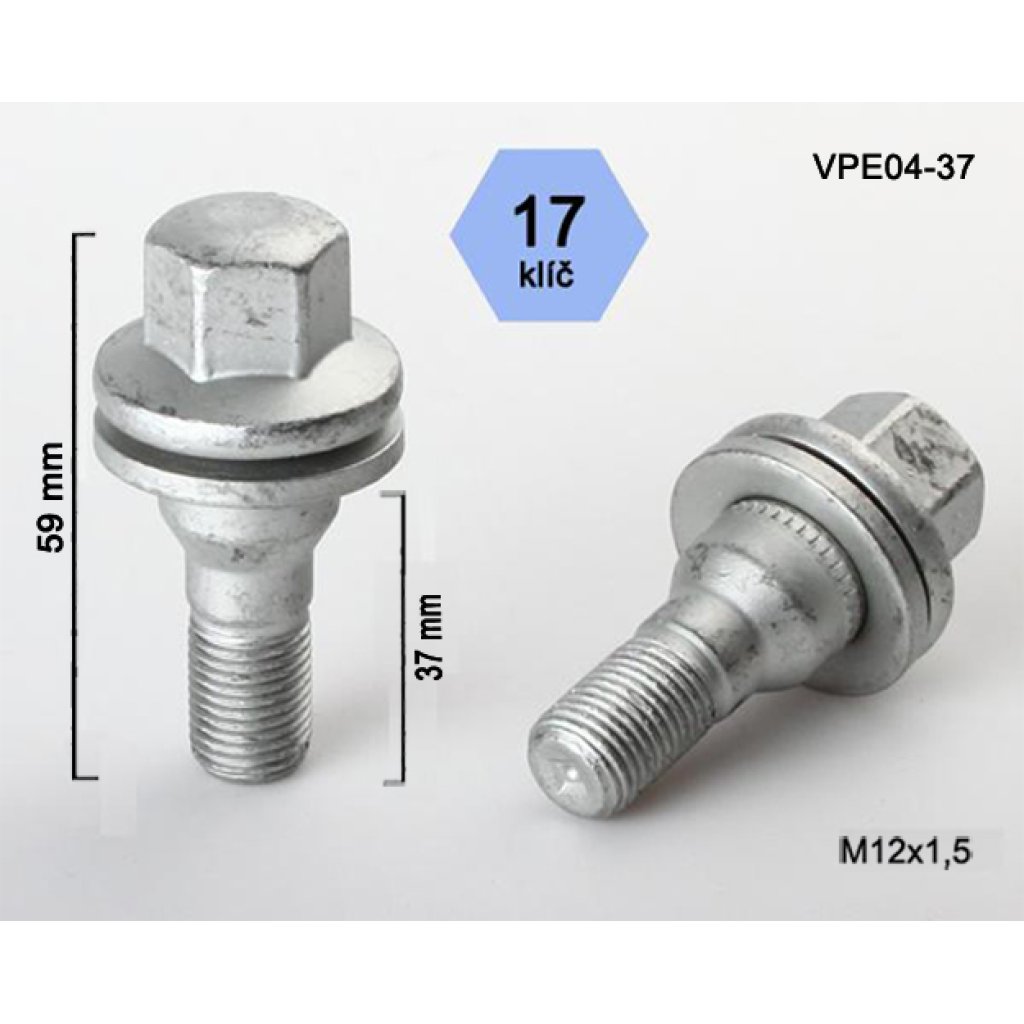 Kolový šroub M12x1,5x37 s plochou podložkou, klíč 17 (VPE04-37) výška 59mm