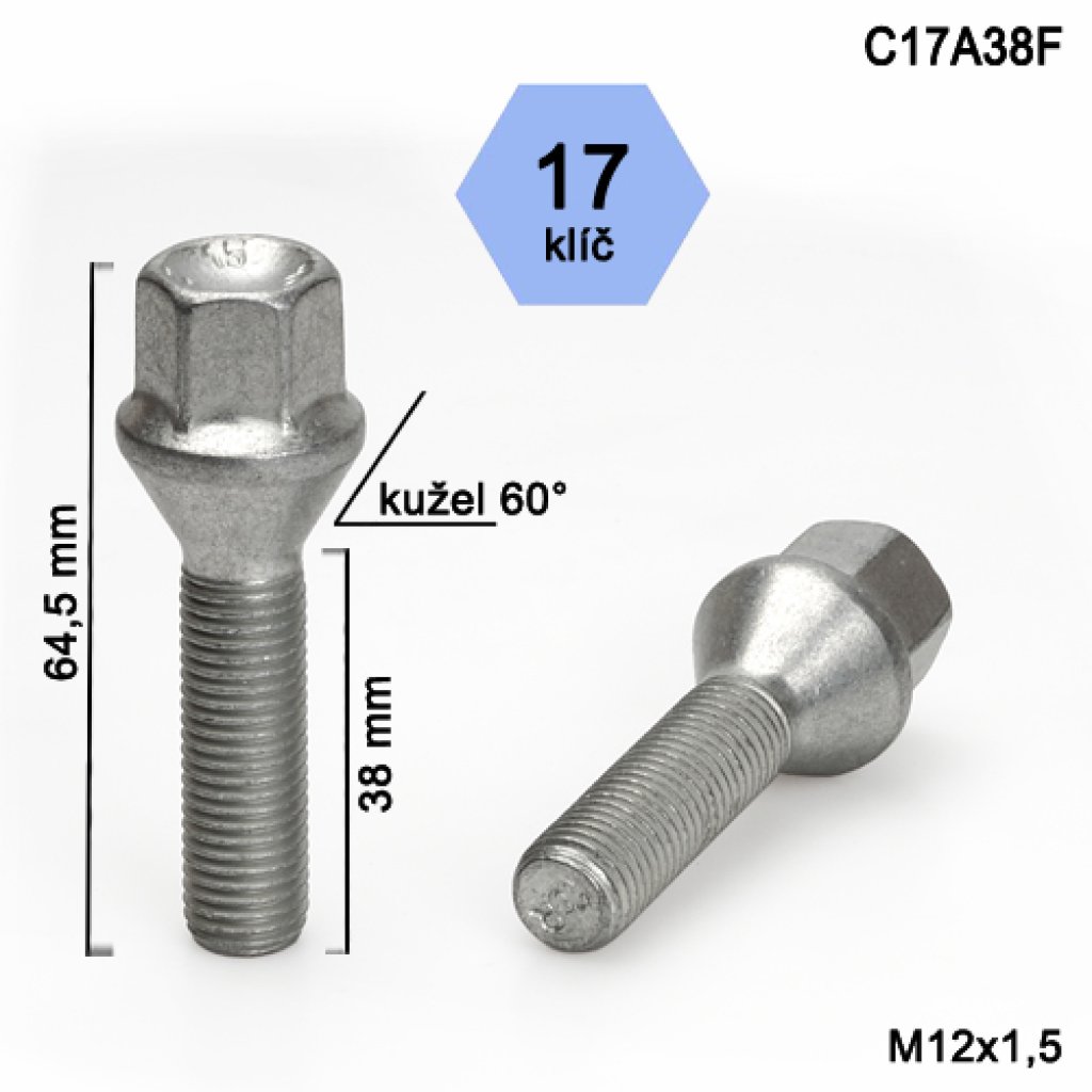 Kolový šroub M12x1,5x38 kužel, klíč 17 (C17A38F)(I7/S) výška 64,5mm