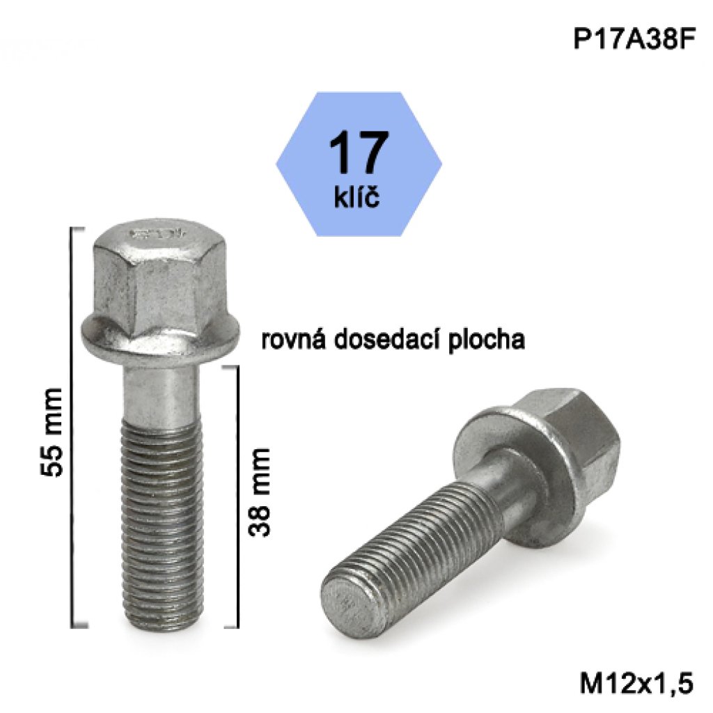 Kolový šroub M12x1,5x38 s rovnou dosedací plochou, klíč 17 (P17A38F) výška 55mm