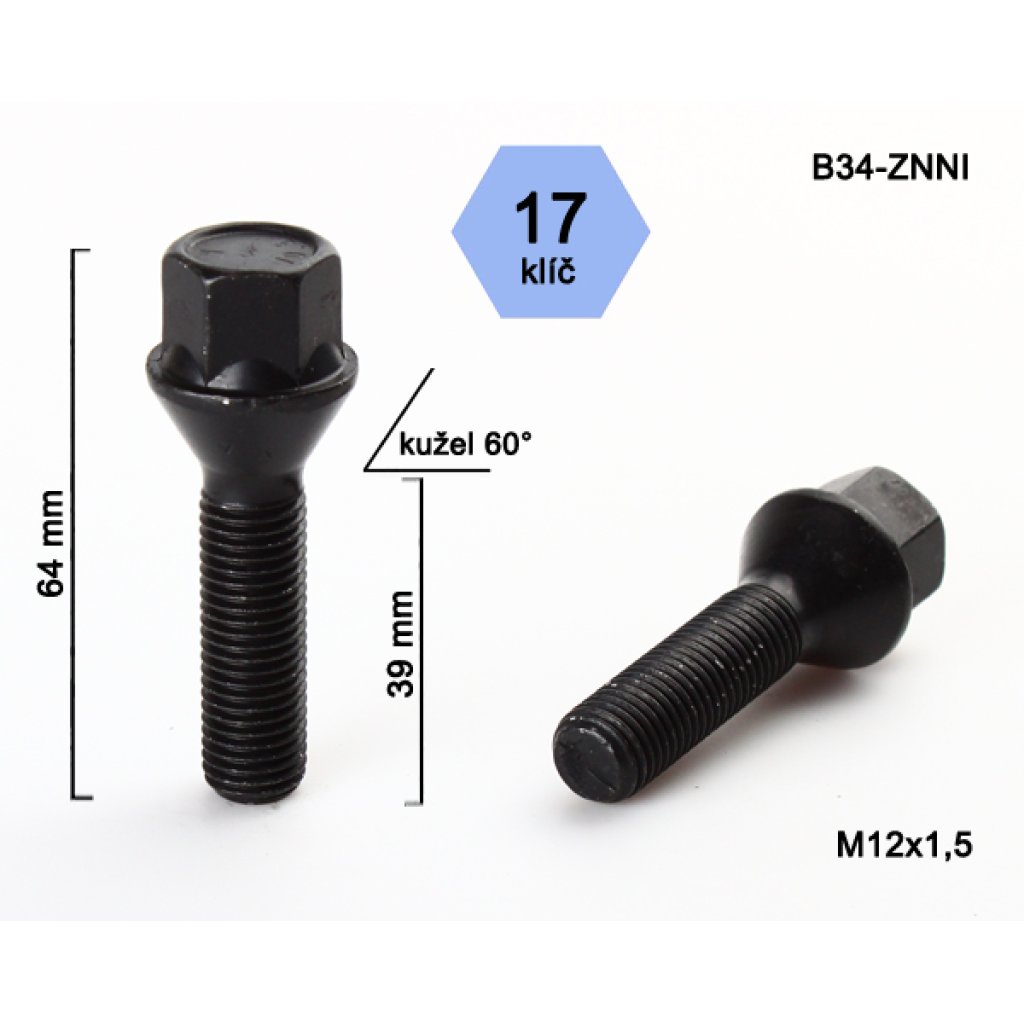 Kolový šroub M12x1,5x39 kužel, klíč 17 (C17A39/B34-BLACK) černý, výška 64mm