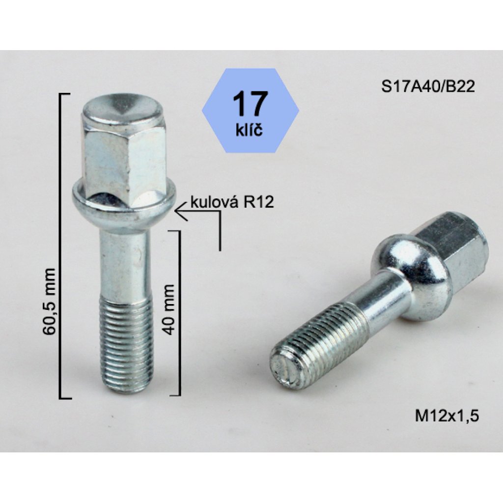 Kolový šroub M12x1,5x40 kulová R12, klíč 17 (S17A40/B22) výška 66mm