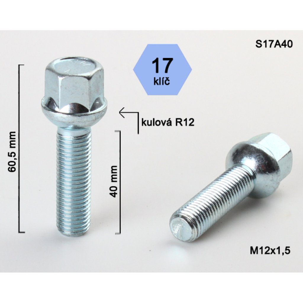 Kolový šroub M12x1,5x40 kulová R12, klíč 17 (S17A40R12) výška 60,5mm