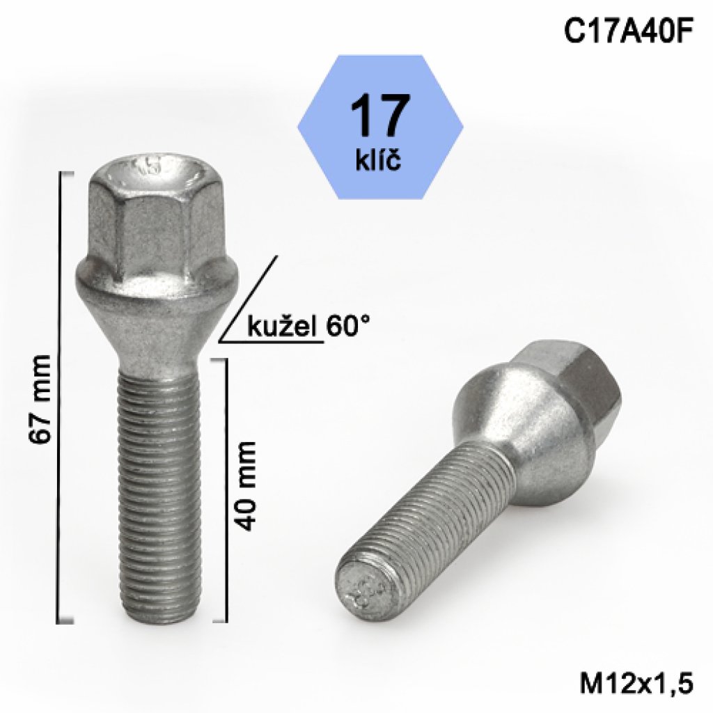 Kolový šroub M12x1,5x40 kužel, klíč 17 (C17A40F) výška 67mm