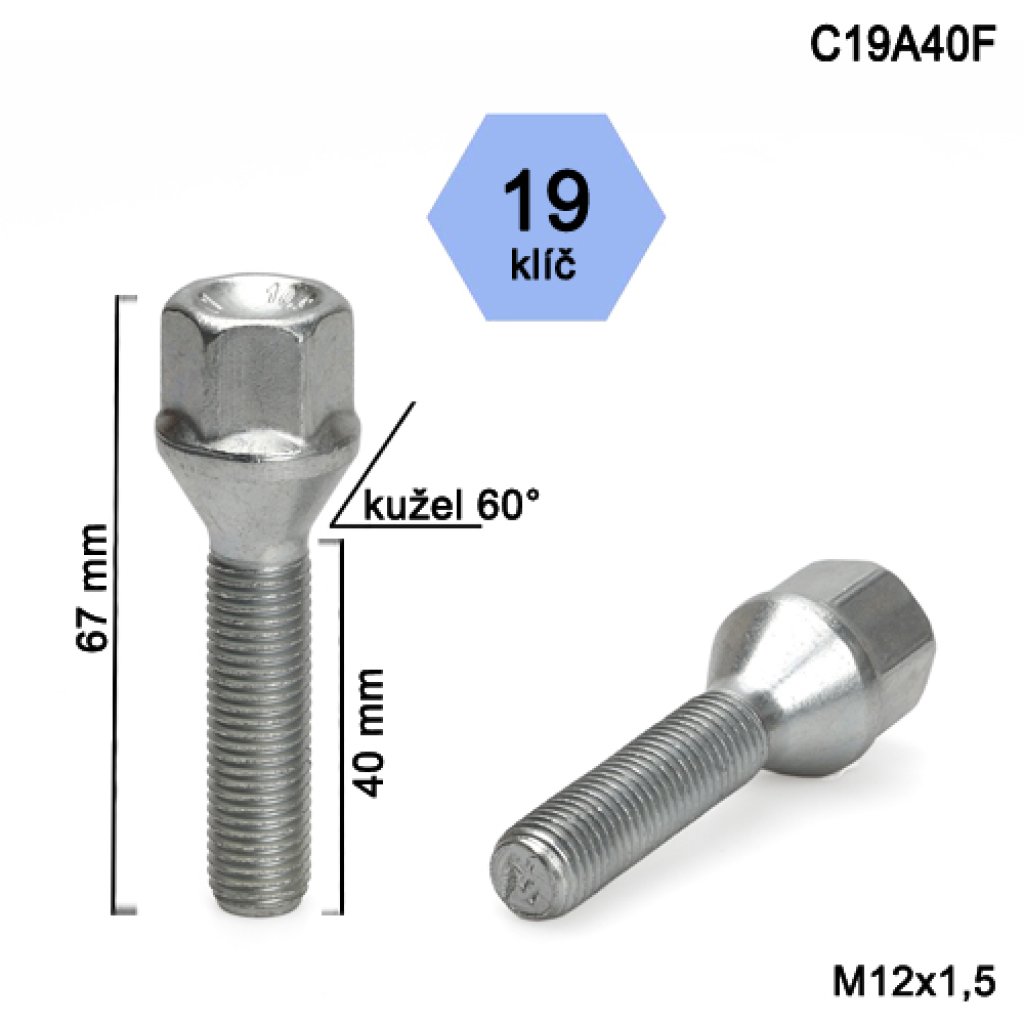 Kolový šroub M12x1,5x40 kužel, klíč 19 (C19A40F)(SFB27/S) výška 67mm