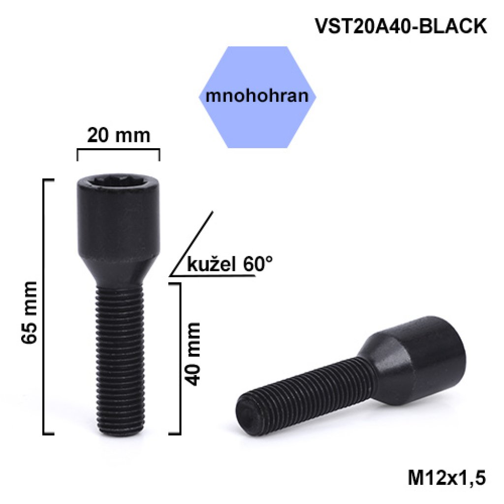 Kolový šroub M12x1,5x40 kužel s vnitř. mnohohranem (VST20A40-BLACK) hlava 20mm, výška 65
