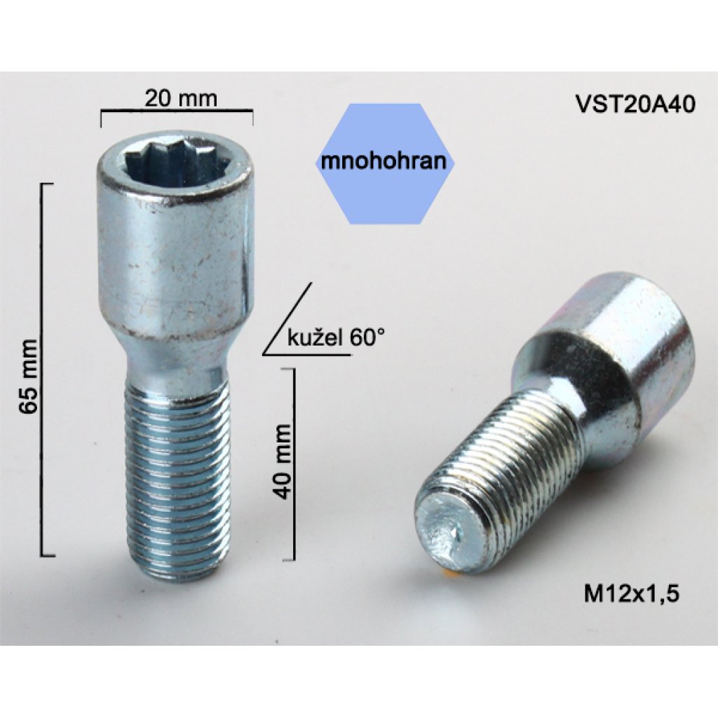 Kolový šroub M12x1,5x40 kužel s vnitř. mnohohranem (VST20A40) prům.hlavy 20mm, výška 65