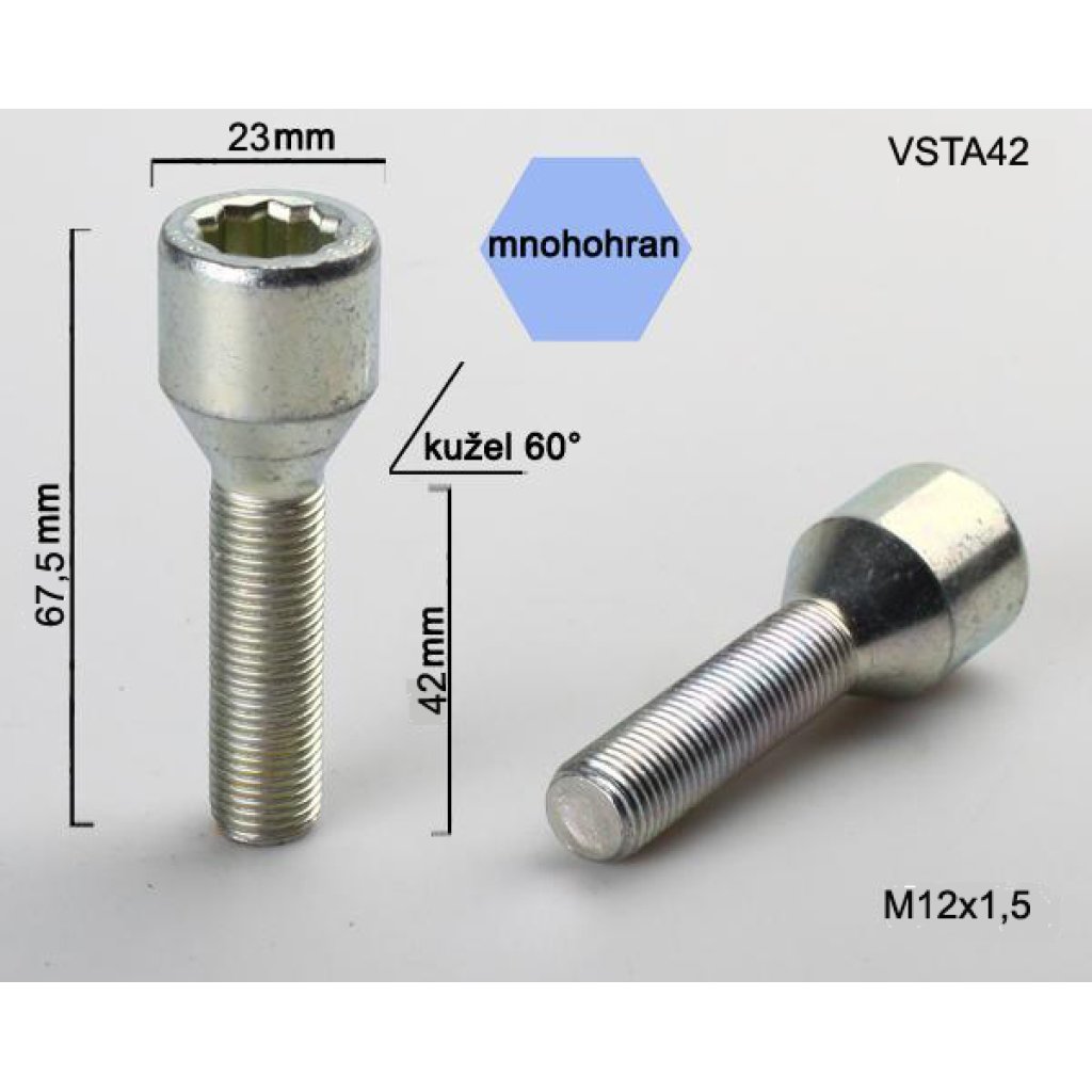 Kolový šroub M12x1,5x42 kužel s vnitřním mnohohranem (VSTA42) prům. hlavy 23mm, výška 67,5