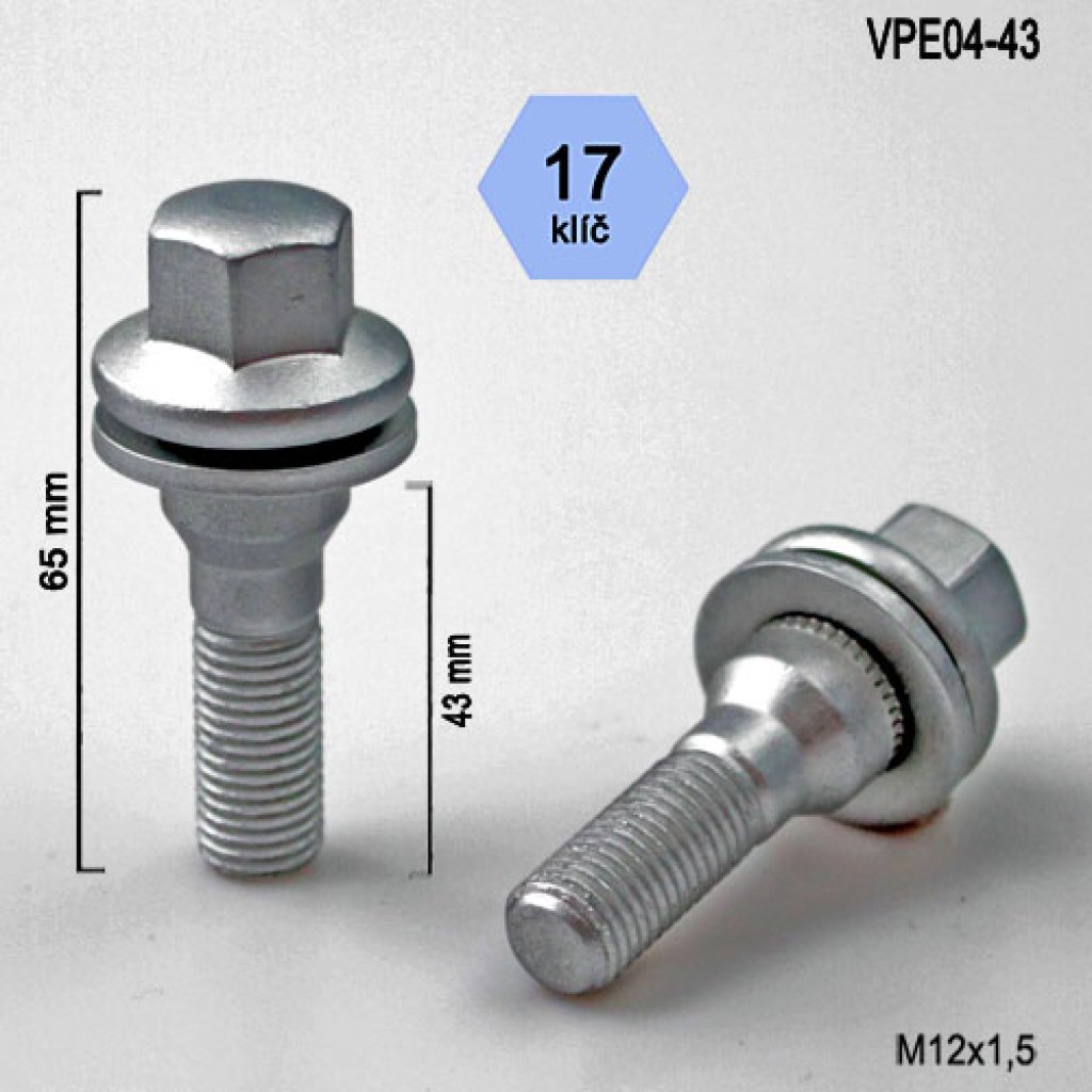 Kolový šroub M12x1,5x43 s plochou podložkou, klíč 17 (VPE04-43) výška 65mm